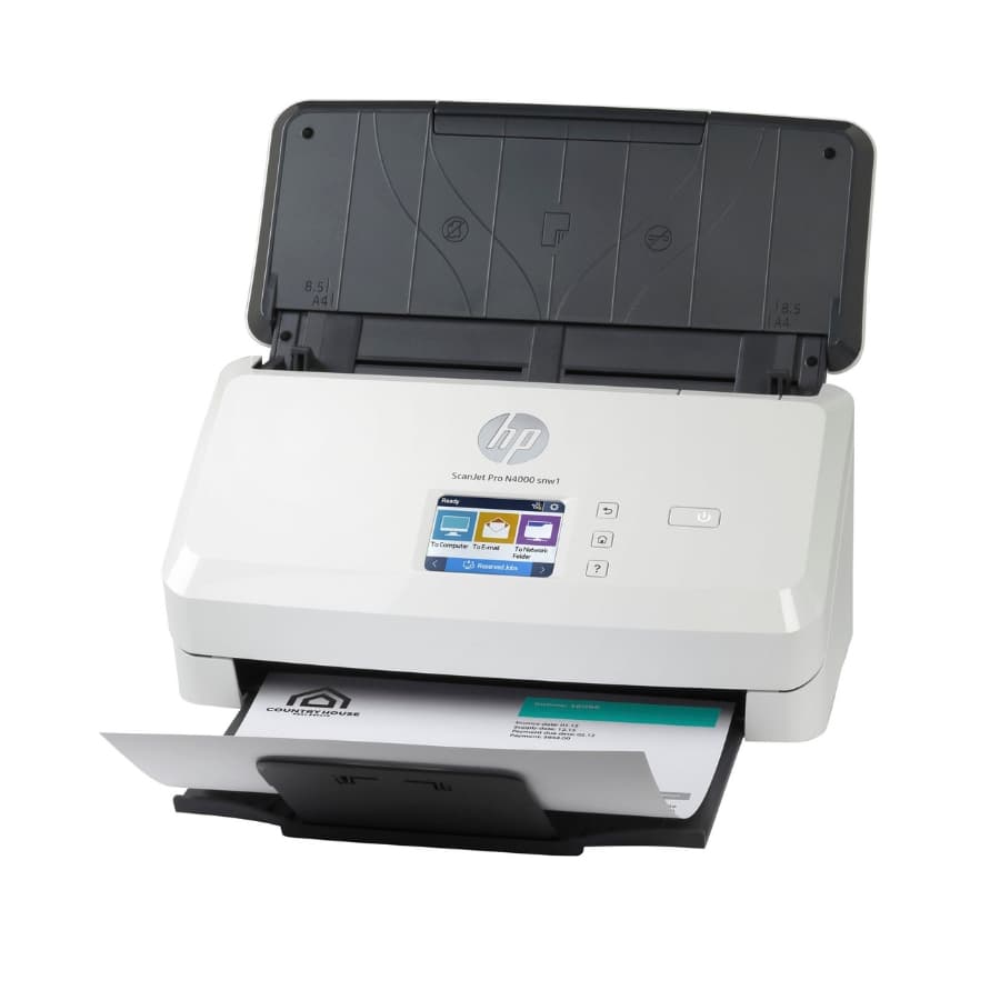 HP ScanJet Pro N4000 snw1 Dokumentenscanner mit aufgeklapptem Einzug, scannt ein Blatt mit Briefkopf
