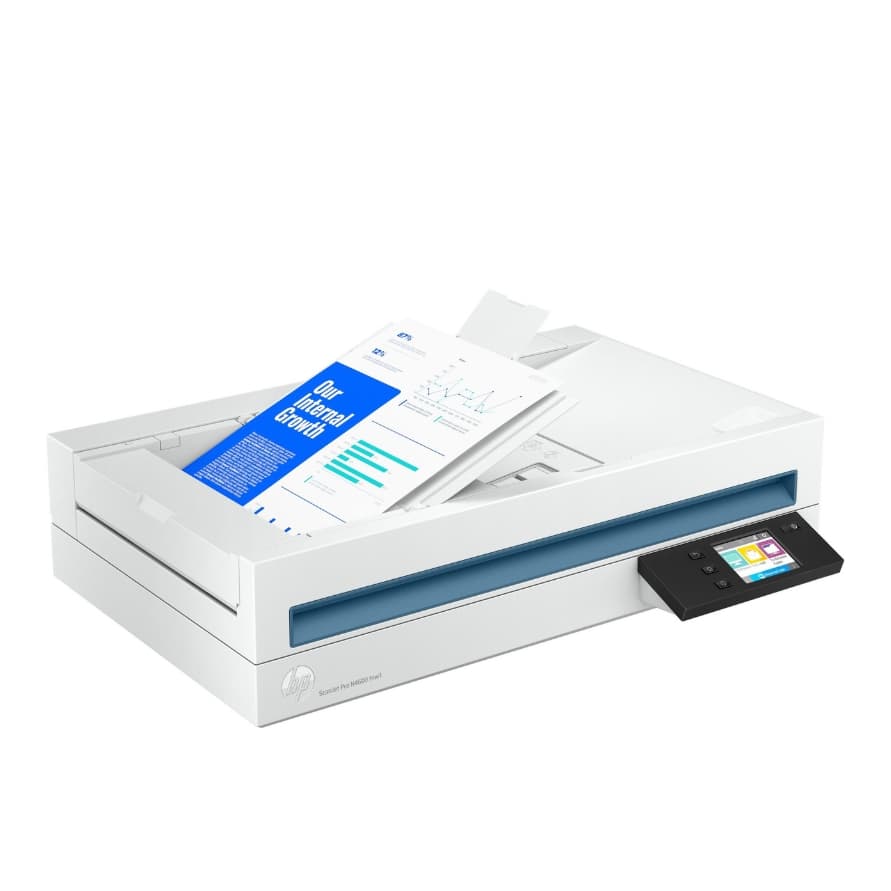 Flachbettscanner mit eingelegtem Bericht „Our Internal Growth“ und farbigem Touchdisplay an der rechten Seite