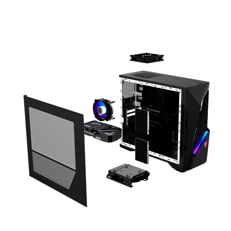 Geöffnetes Gaming-PC-Gehäuse mit seitlicher Abdeckung und ausgebauten Komponenten wie Grafikkarte, Lüfter und Laufwerk