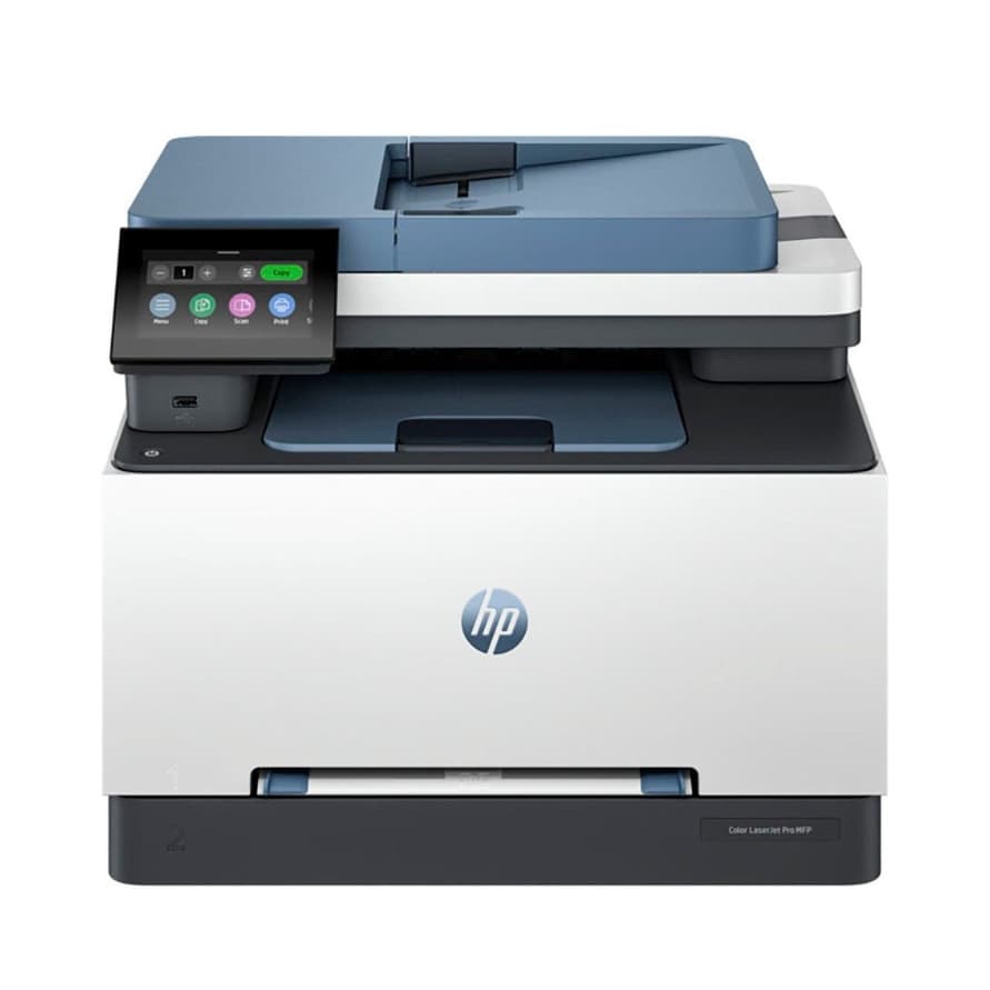 HP Multifunktionsdrucker von vorn mit Touchdisplay links und Einzug oben