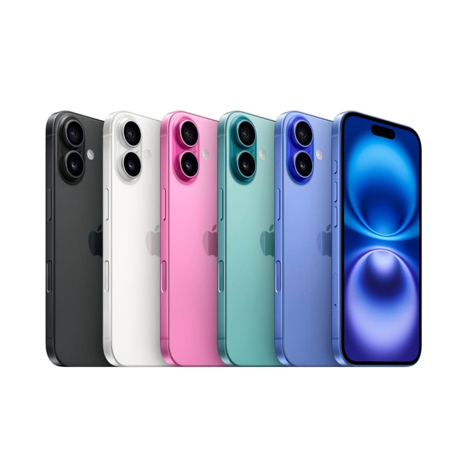 Reihe farbiger iPhones von Schwarz bis Blau, fünf Geräte von hinten, rechts ein Gerät mit leuchtendem blauen Display