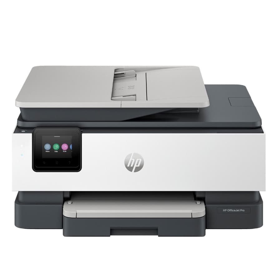 Grauer HP Multifunktionsdrucker mit Einzug oben und Touchscreen-Bedienfeld vorne