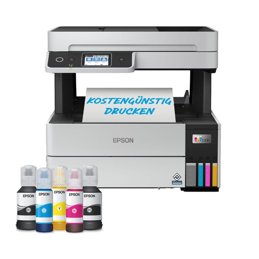 Kostengünstig drucken – Epson Multifunktionsdrucker mit Papierausdruck und vier Tintenflaschen in Schwarz, Gelb, Magenta, Cyan