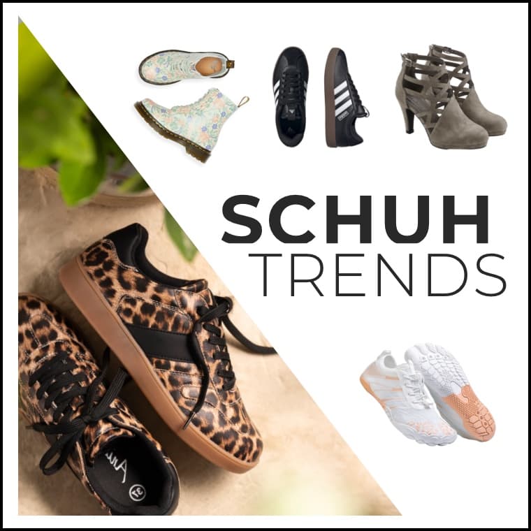 SCHUHTRENDS – Verschiedene Schuhe, darunter bunte Sandalen, Sneaker und Stiefeletten, auf weißem Hintergrund.
