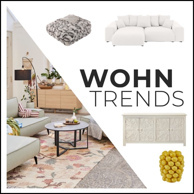WOHNTRENDS – Collage von modernen Wohnzimmermöbeln und Dekoration, wie Sofas, Teppichen, Bett und Lampen