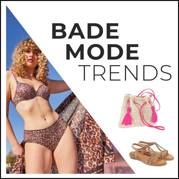 BADEMODE TRENDS – Frau im Bikini, Frau im Badeanzug, daneben Strandtasche und Sandalen