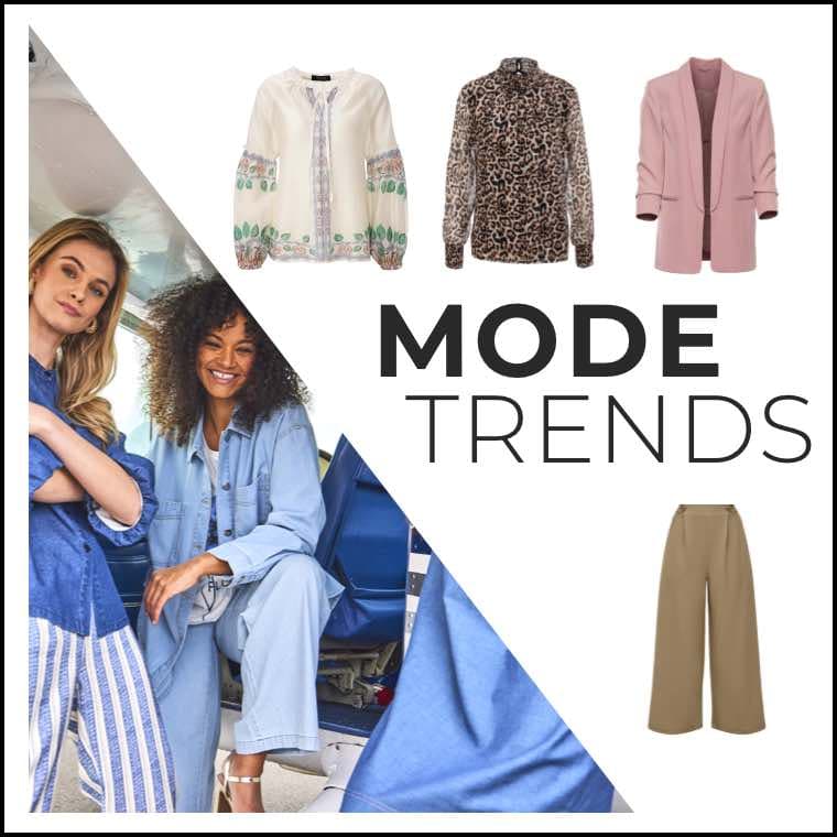 MODE TRENDS – Frauen in Blau, beige Hose, rosa Blazer, Leopardenbluse, weiße Jacke mit Blumenmuster