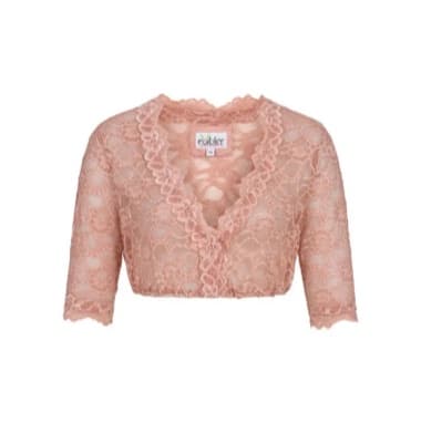 Rosa Dirndlbluse mit halblangen Ärmeln und tiefem V-Ausschnitt mit Spitzenkante, frontal freigestellt