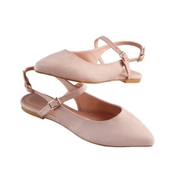 Zwei flache Slingback-Schuhe in zartem Rosa mit spitzer Front und verstellbaren Riemen übereinander angeordnet