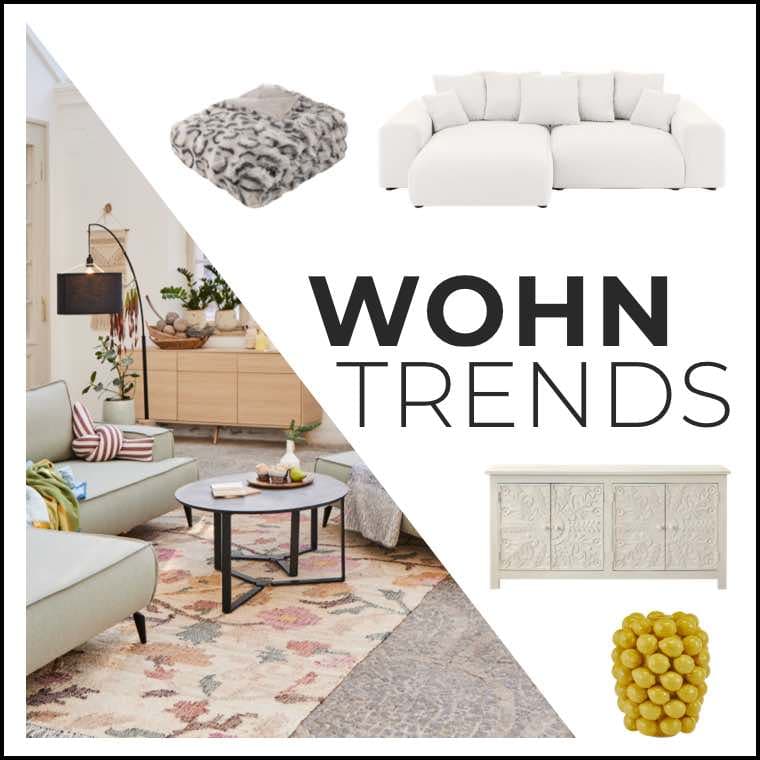 WOHN TRENDS – Collage aus gemütlichem Wohnzimmer, weißem Sofa, Kuscheldecke, Kommode und gelber Kerze
