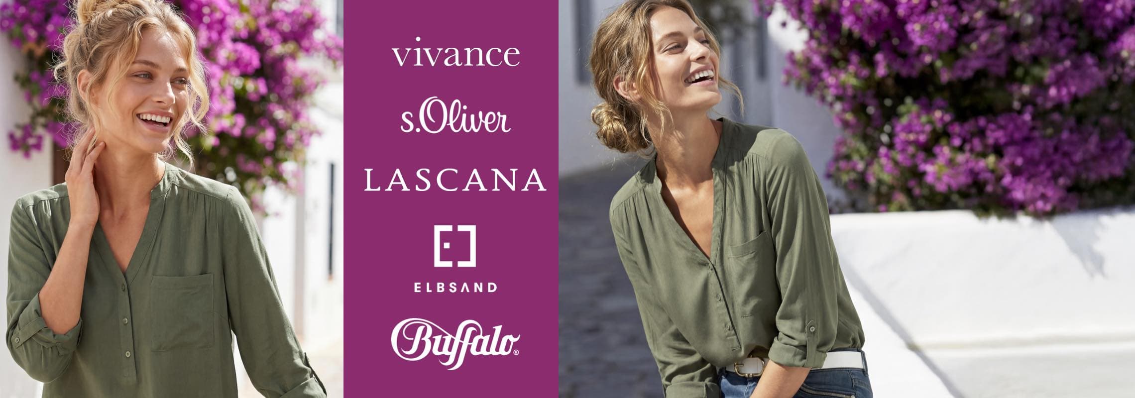 vivance, s.Oliver, Lascana, Elbsand, Buffalo – Frau in grüner Bluse steht und sitzt vor weißer Mauer mit lila Blumen