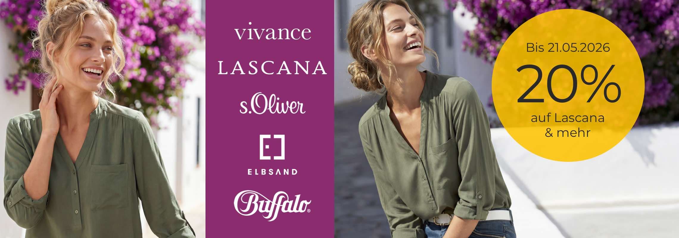 Bis 21.05.2026 20 % auf Lascana, vivance, s.Oliver, Elbsand, Buffalo – Frau in olivgrüner Bluse sitzt draußen vor violetten Blüten