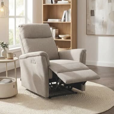 Beiger Relaxsessel mit ausgeklappter Fußstütze in hellem Wohnzimmer vor Regal und abstraktem Bild