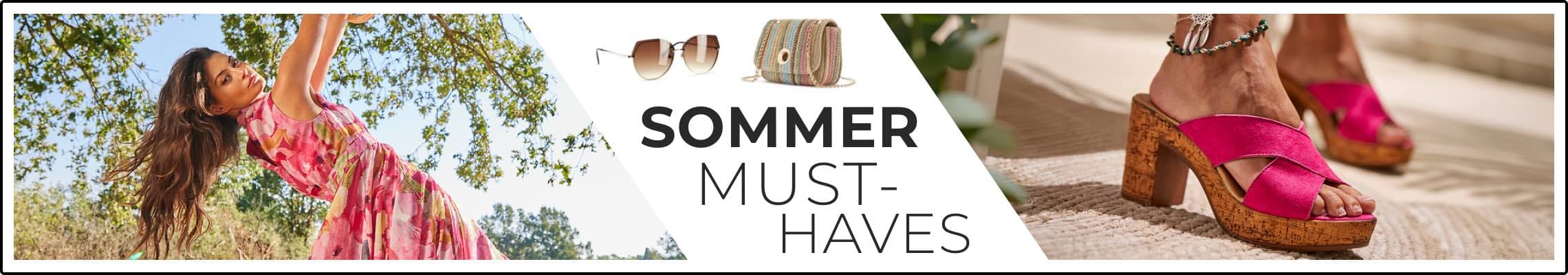 SOMMER MUST-HAVES – Frau im geblümten Kleid, Sonnenbrille, bunte Tasche und pinke Sandaletten mit Absatz