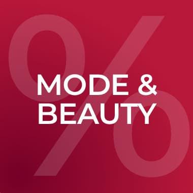 Mode & Beauty vor großem Prozentzeichen auf rotem Hintergrund