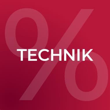 TECHNIK – großes Prozentzeichen auf rotem Hintergrund