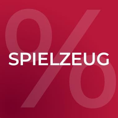 Prozentzeichen auf rotem Hintergrund, darüber weißer Schriftzug SPIELZEUG