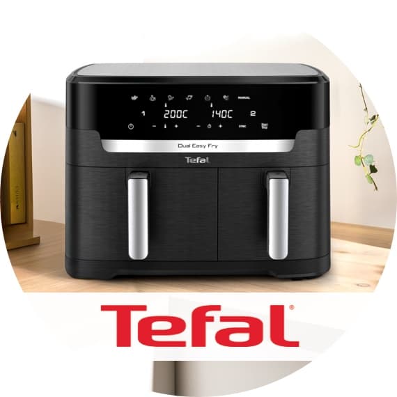 Tefal Dual Easy Fry Heißluftfritteuse mit zwei Fächern steht auf einer Arbeitsplatte, Tefal Logo darunter