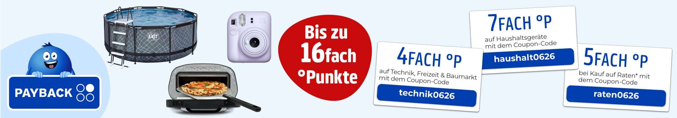 Bis zu 16fach PAYBACK Punkte – Pool, Sofortbildkamera, Pizzaofen und Coupons für Technik, Haushalt und Ratenkäufe