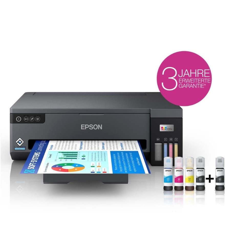3 Jahre erweiterte Garantie – Epson-Drucker mit farbigem Ausdruck und mehreren Tintenflaschen davor