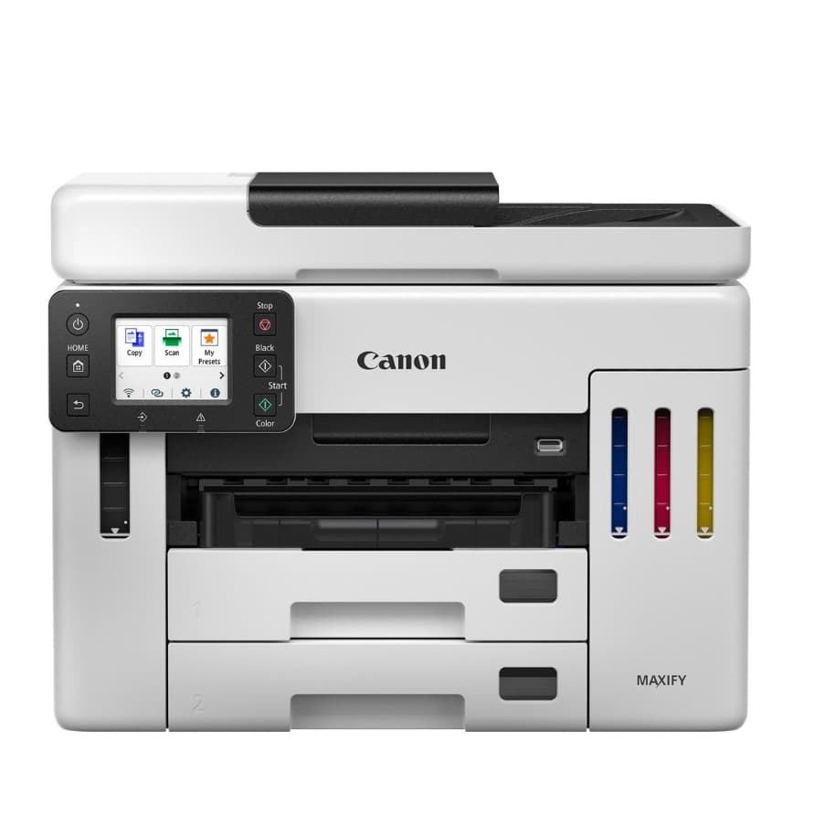 Canon Multifunktionsdrucker von vorn mit Display links und sichtbaren Farbpatronen rechts