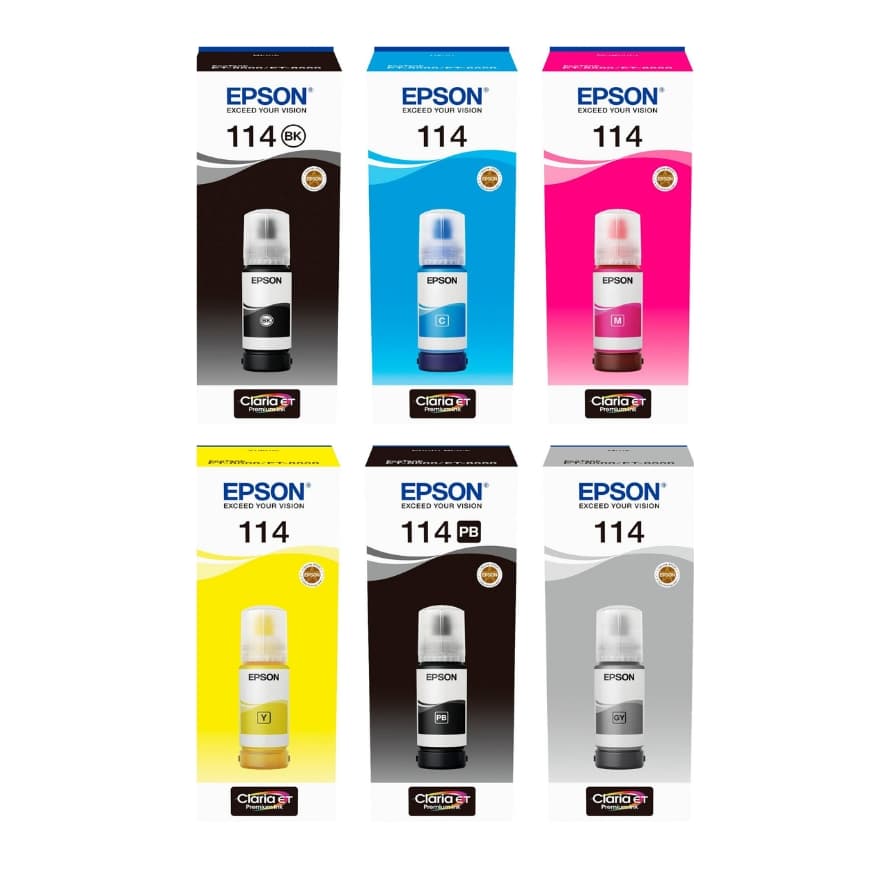 Epson 114 Tintenflaschen in Schwarz, Cyan, Magenta, Gelb, Fotoschwarz und Grau in sechs bunten Verpackungen nebeneinander