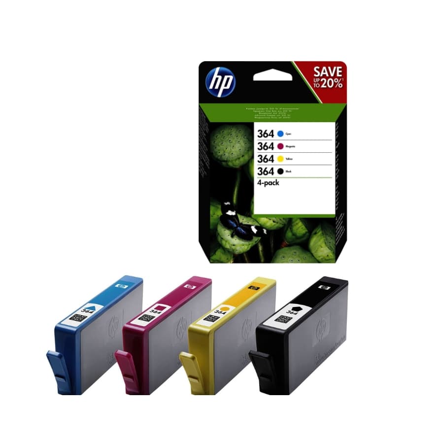 Save up to 20 % – HP 364 Druckerpatronen 4er-Pack in Cyan, Magenta, Gelb und Schwarz vor der Produktverpackung