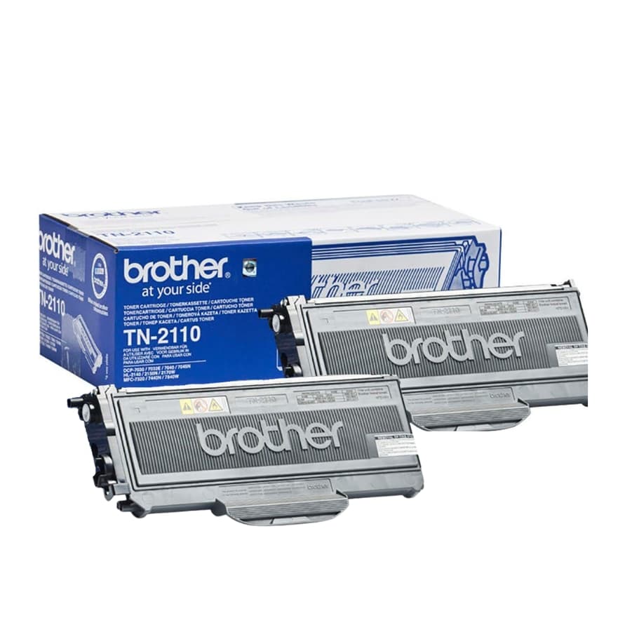 Brother TN-2110 – blaue Verpackung mit zwei Tonerkassetten davor