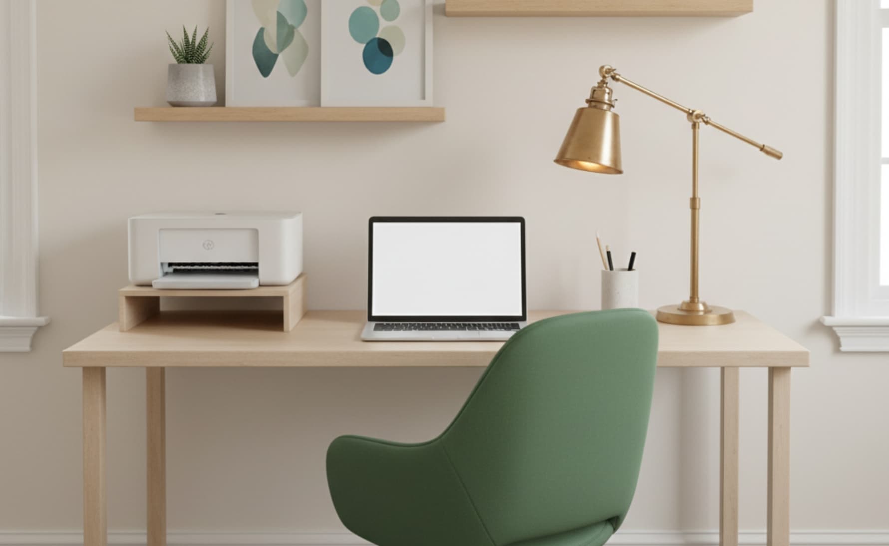 Aufgeräumter Schreibtisch mit Laptop, Drucker, goldener Schreibtischlampe und grünem Drehstuhl vor heller Wand