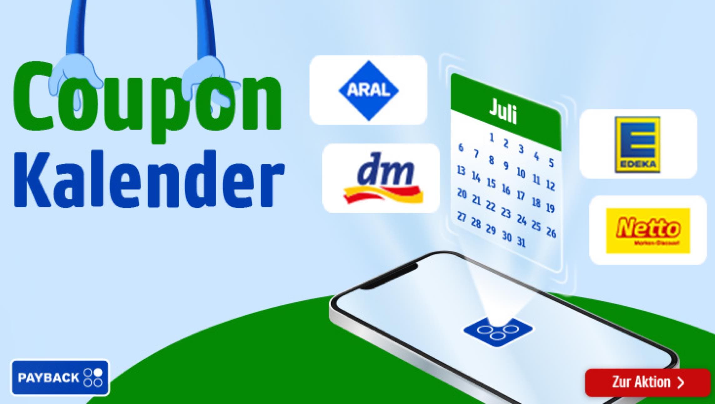 Coupon Kalender Juli mit Logos von Aral, dm, Edeka und Netto über einem Smartphone mit Payback-App