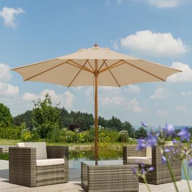 Großer heller Sonnenschirm über vier geflochtenen Gartensesseln an einem Teich mit Bäumen und blauem Himmel