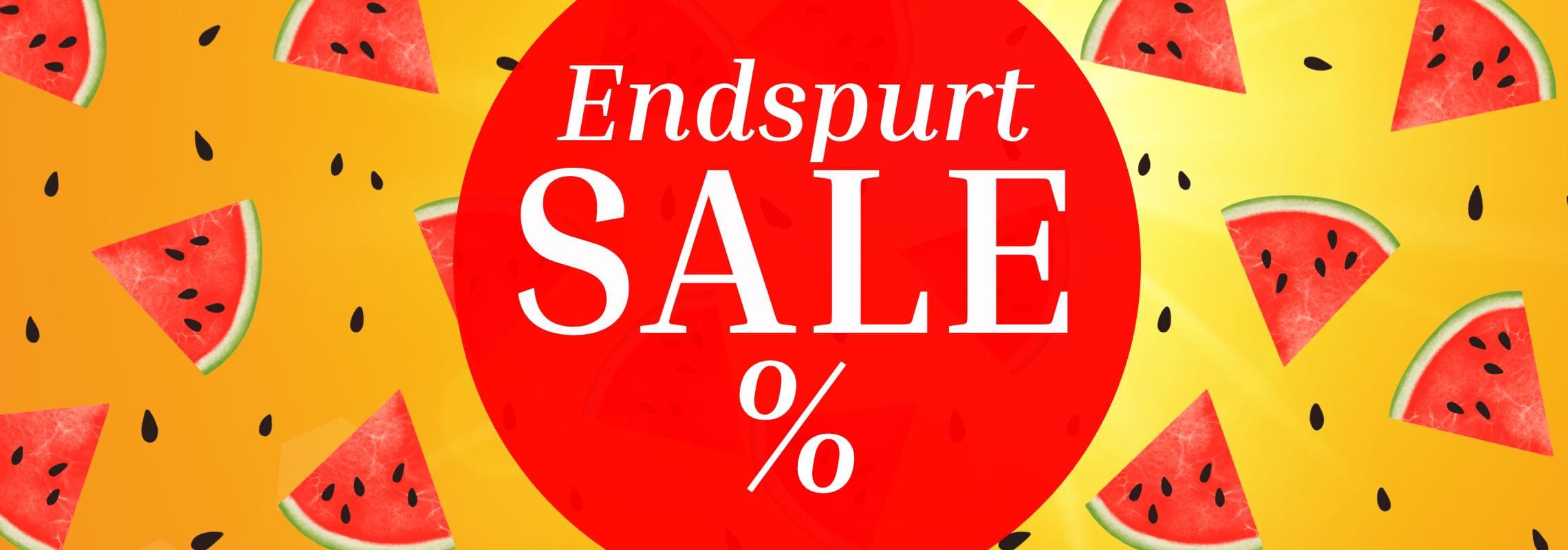 Endspurt SALE % – roter Kreis auf gelbem Hintergrund mit verstreuten Wassermelonenstücken