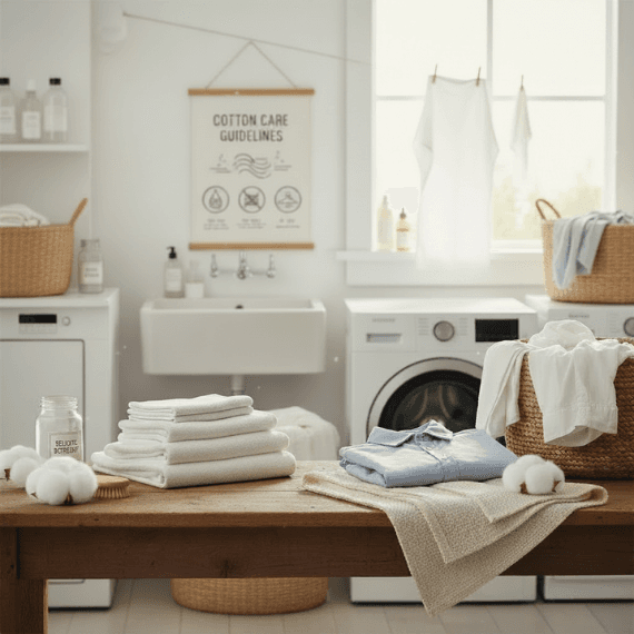 Waschmaschine, Waschbecken, davor Holztisch mit gefalteten Baumwoll-Handtüchern und Kleidung in heller Waschküche