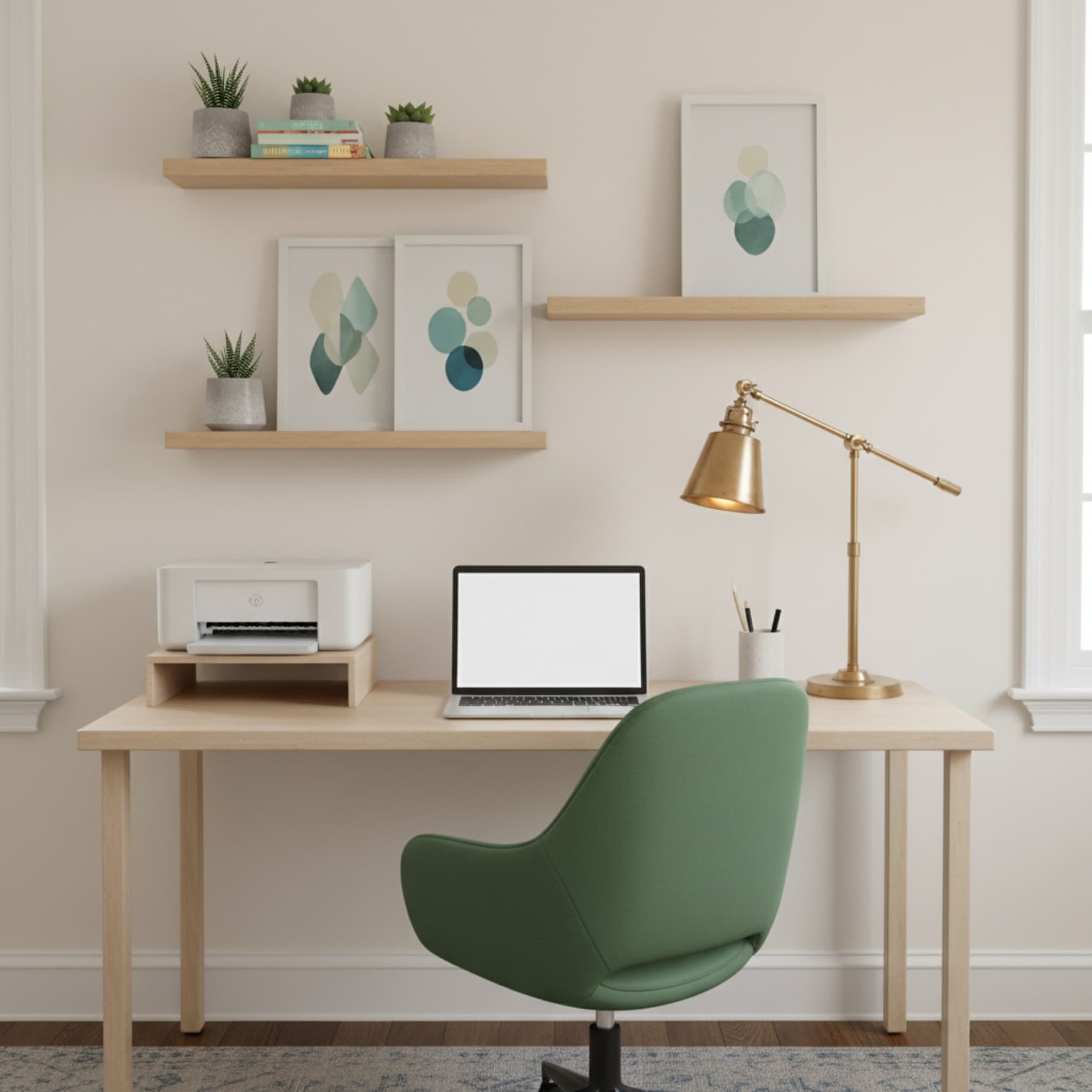 Schreibtisch mit offenem Laptop, Drucker und goldener Lampe, davor grüner Stuhl, Regale mit Pflanzen und Bildern an der Wand