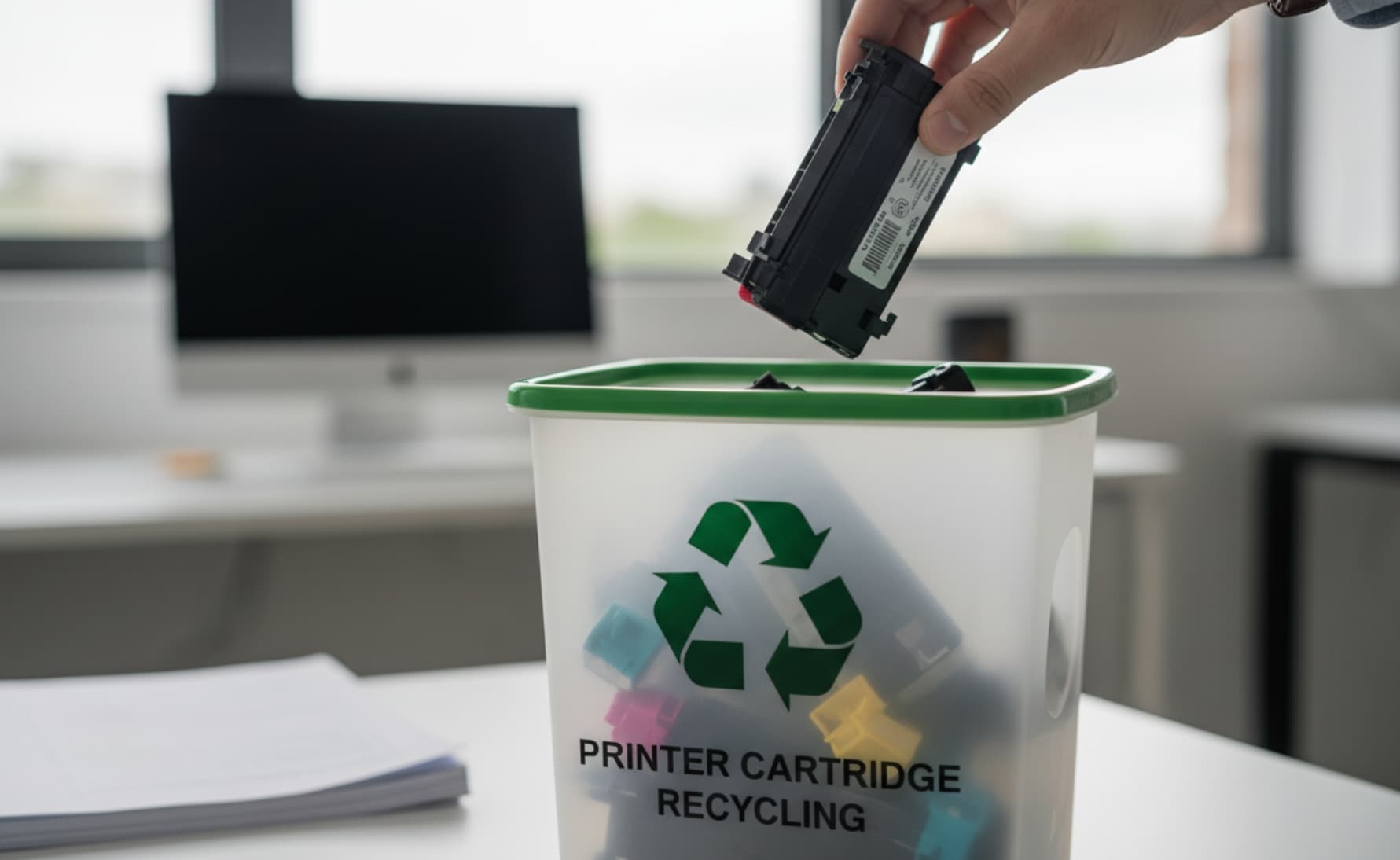 Printer Cartridge Recycling – Hand wirft leere Druckerpatrone in Behälter mit Recycling-Symbol im Büro