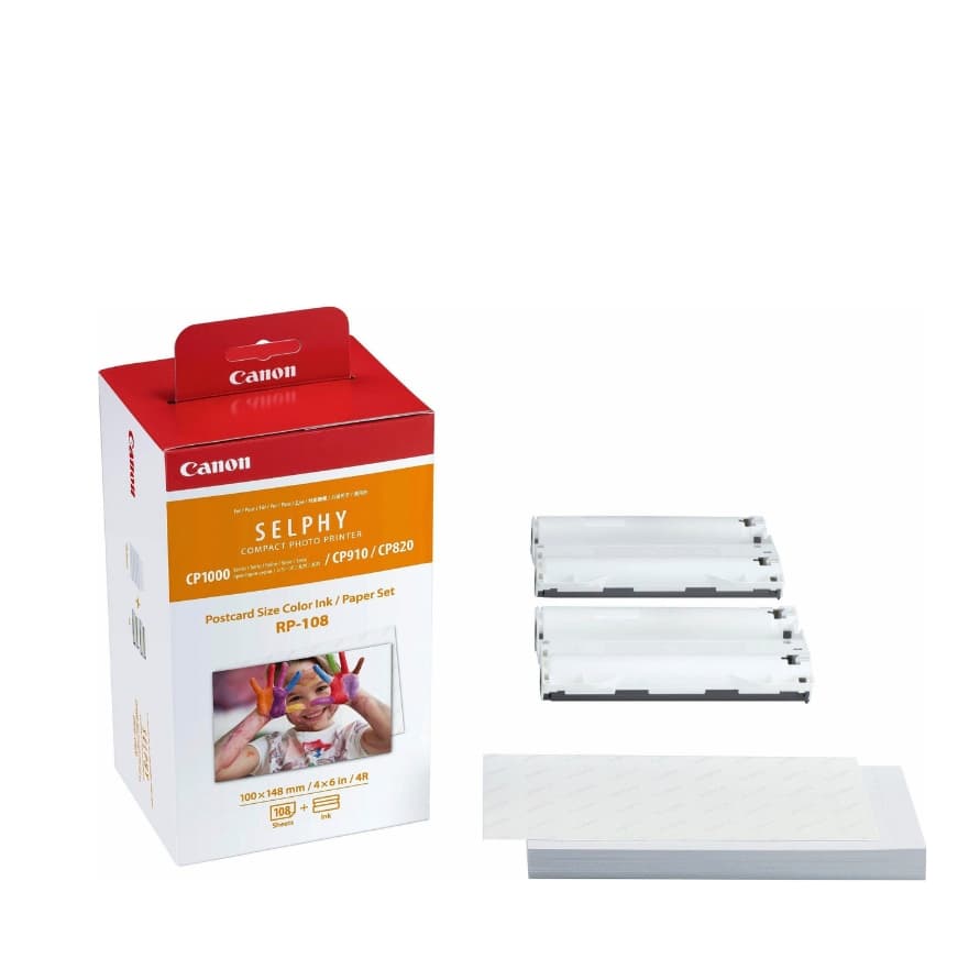 Canon Selphy CP1000 CP910 CP820 RP-108 – Packung mit zwei Farbbandkassetten und Stapel Fotopapier