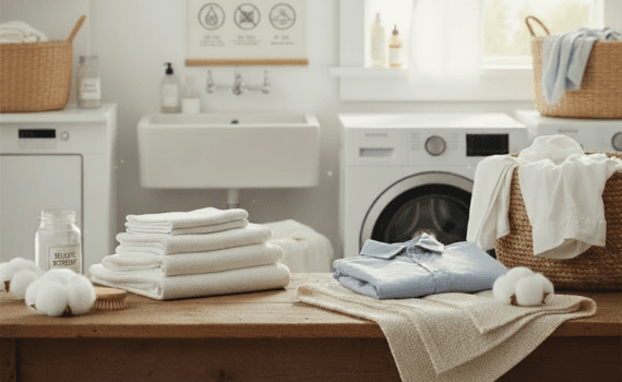 Gefaltete Handtücher und Hemd auf Tisch vor Waschmaschine, Wäschekorb und Waschbecken in heller Waschküche