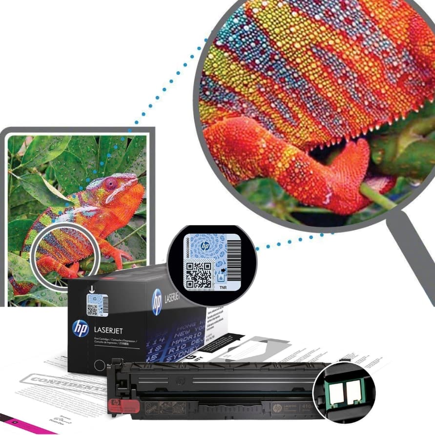 HP LaserJet Tonerkartusche mit Verpackung, QR-Sicherheitslabel und Bild eines bunten Chamäleons zur Farbdruckqualität