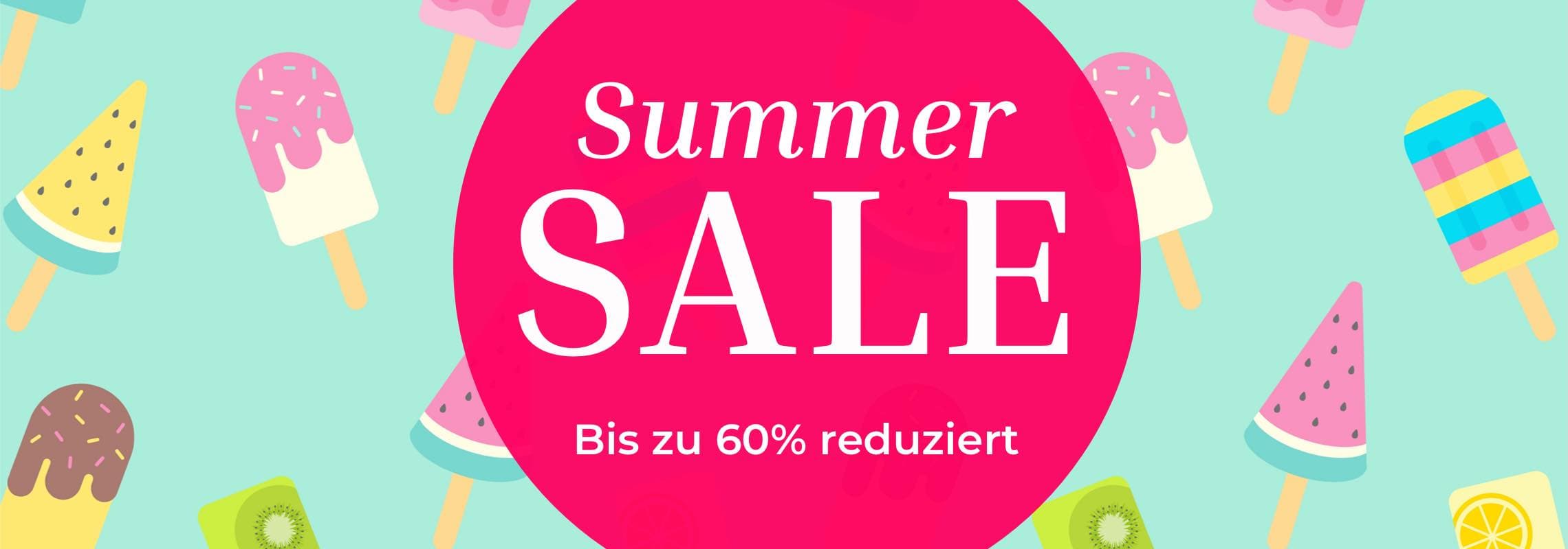 Summer Sale – bis zu 60 % reduziert, bunter Kreis vor türkisfarbenem Hintergrund mit verschiedenen Eis am Stiel
