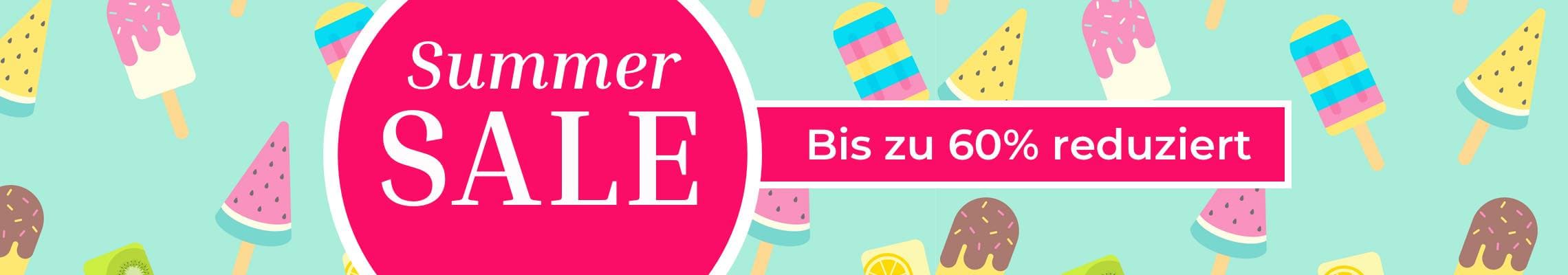 Summer Sale – Bis zu 60 % reduziert, bunte Eis am Stiel vor türkisfarbenem Hintergrund