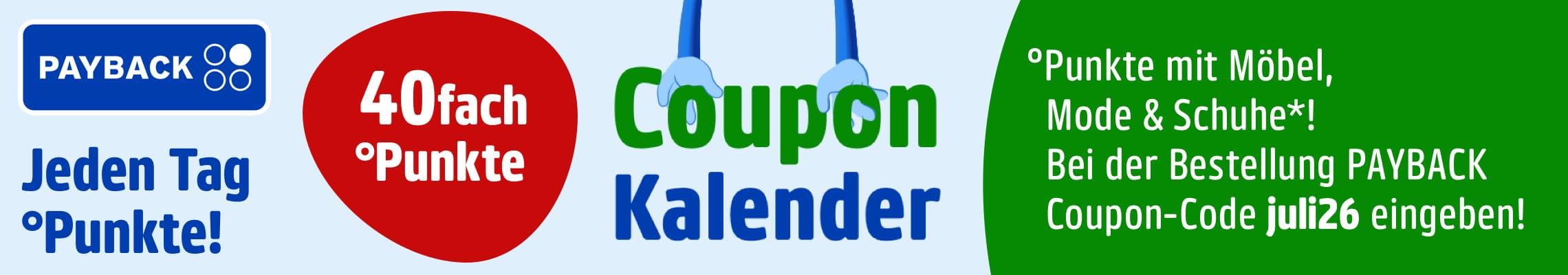 40fach Punkte – PAYBACK Coupon Kalender mit Hinweis auf Punkte für Möbel, Mode und Schuhe und Coupon-Code juli26