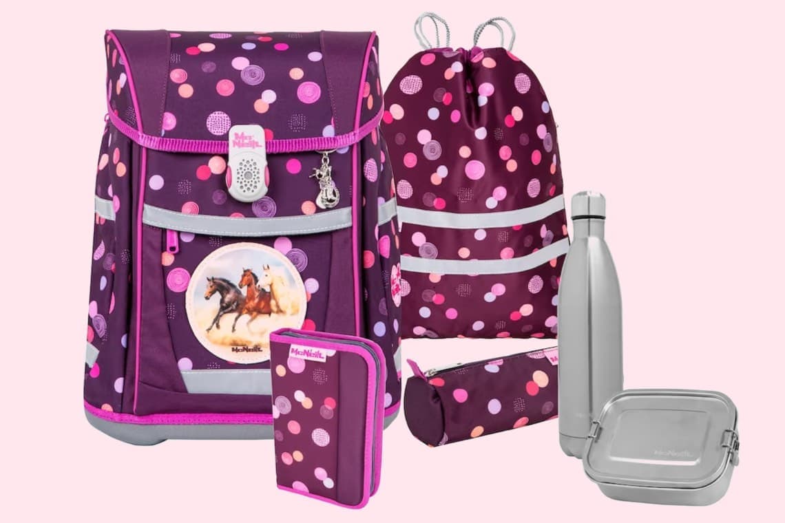 Schulranzen-Set mit Pferdemotiv, gepunktetem Ranzen, Turnbeutel, Federmappe, Schlamperrolle, Trinkflasche und Brotdose