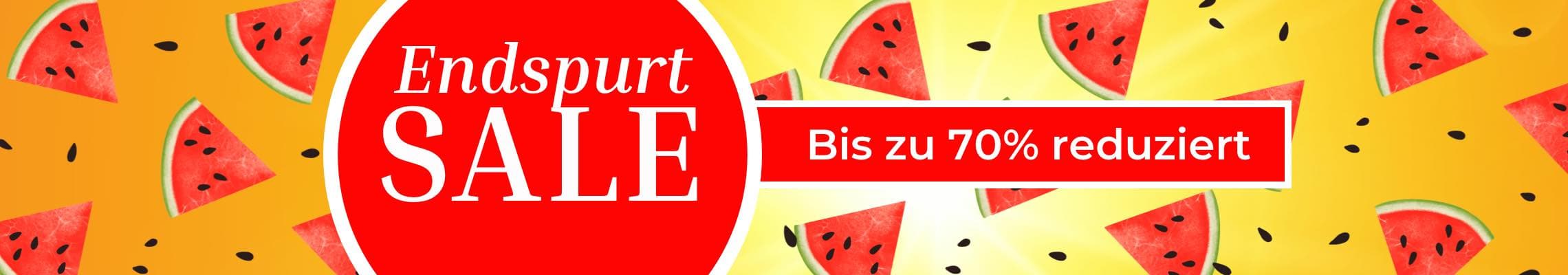 Endspurt SALE – bis zu 70 % reduziert, bunte Wassermelonenstücke auf gelbem Hintergrund