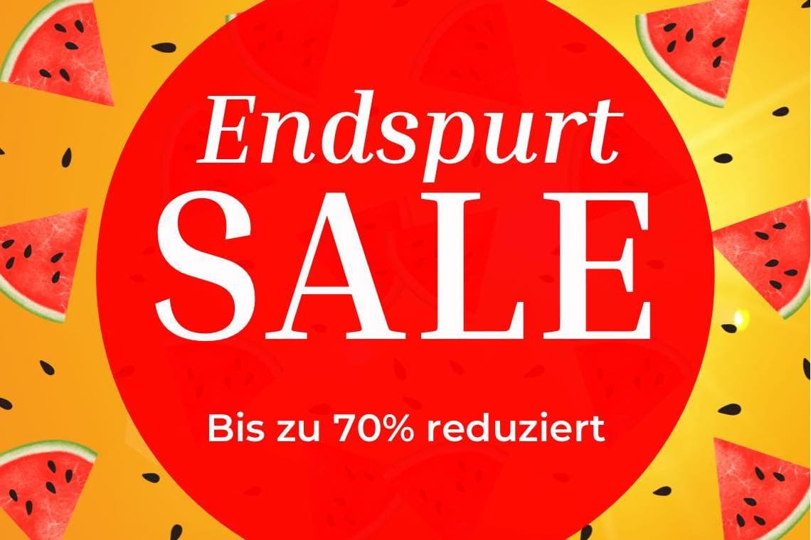 Endspurt SALE – bis zu 70 % reduziert, roter Kreis auf gelbem Hintergrund mit Wassermelonenstücken