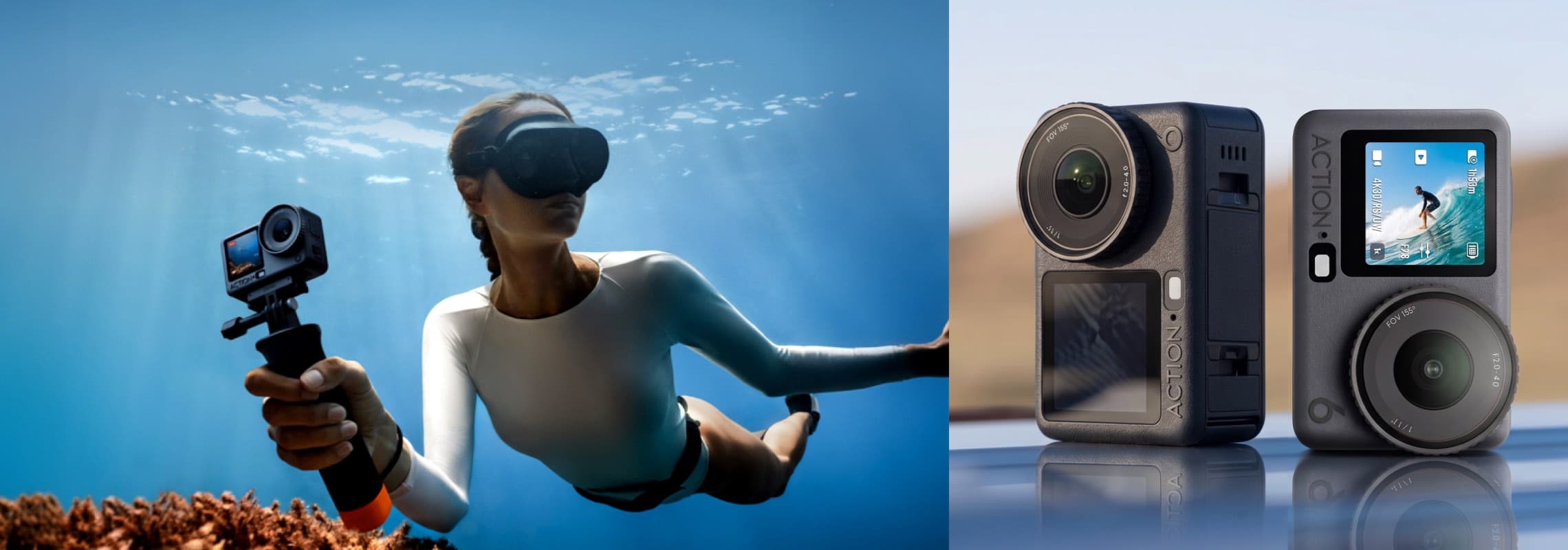 Frau taucht mit Actioncam im Wasser, daneben zwei Actionkameras mit Display und großem Objektiv auf einem Tisch