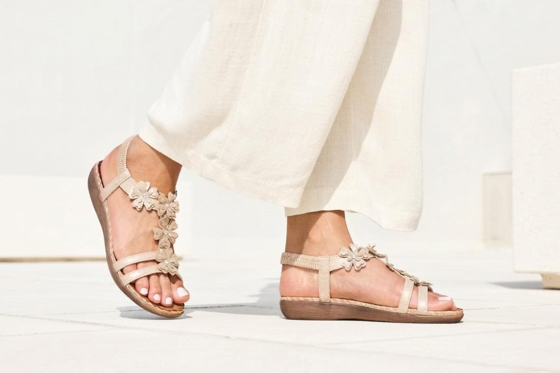 Füße in beigefarbenen Sandalen mit Blumenverzierung, dazu weite helle Hose, gehen über einen hellen Boden