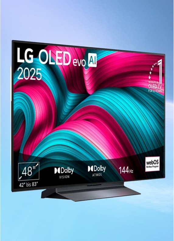 LG OLED evo AI 2025 TV – Frontansicht mit buntem Wellenmotiv, 48 Zoll, Dolby Vision, Dolby Atmos, 144 Hz, webOS