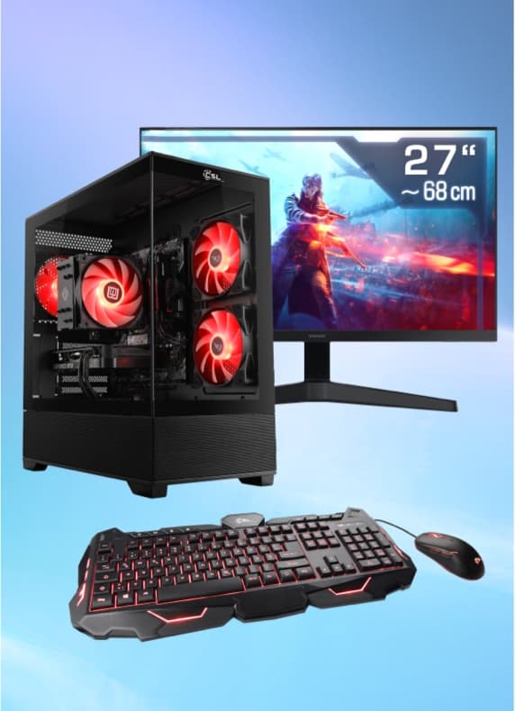 27 Zoll Gaming-Monitor mit Actionspiel, daneben PC mit roten Lüftern, darunter leuchtende Tastatur und Maus