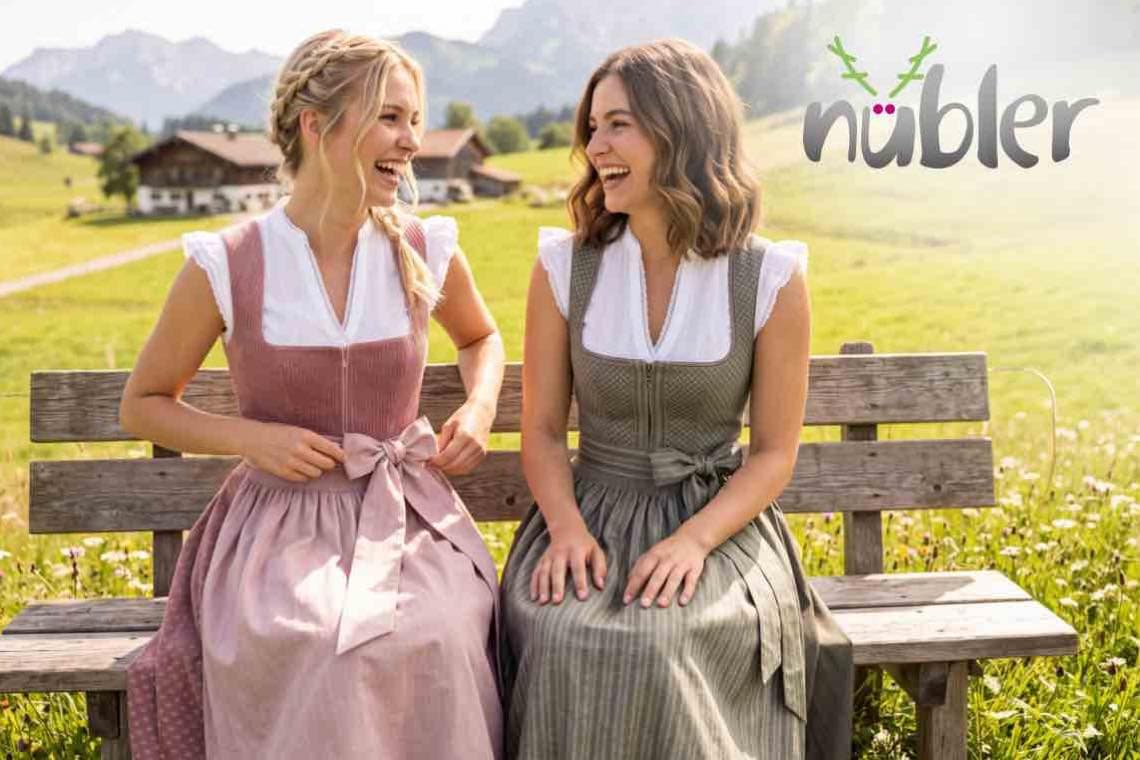 nübler – zwei Frauen in Dirndln sitzen lachend auf einer Holzbank vor Wiese, Bergen und Bauernhof