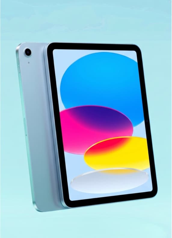 Tablet mit schwarzem Rahmen, bunte ovale Formen auf dem Display, seitlich ist die Rückseite mit Kameralinse zu sehen